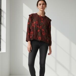 Zara Red and Black Checkered Floral Top